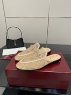 Gucci women's mule loafers, beige GG pattern with gold horsebit, open-back