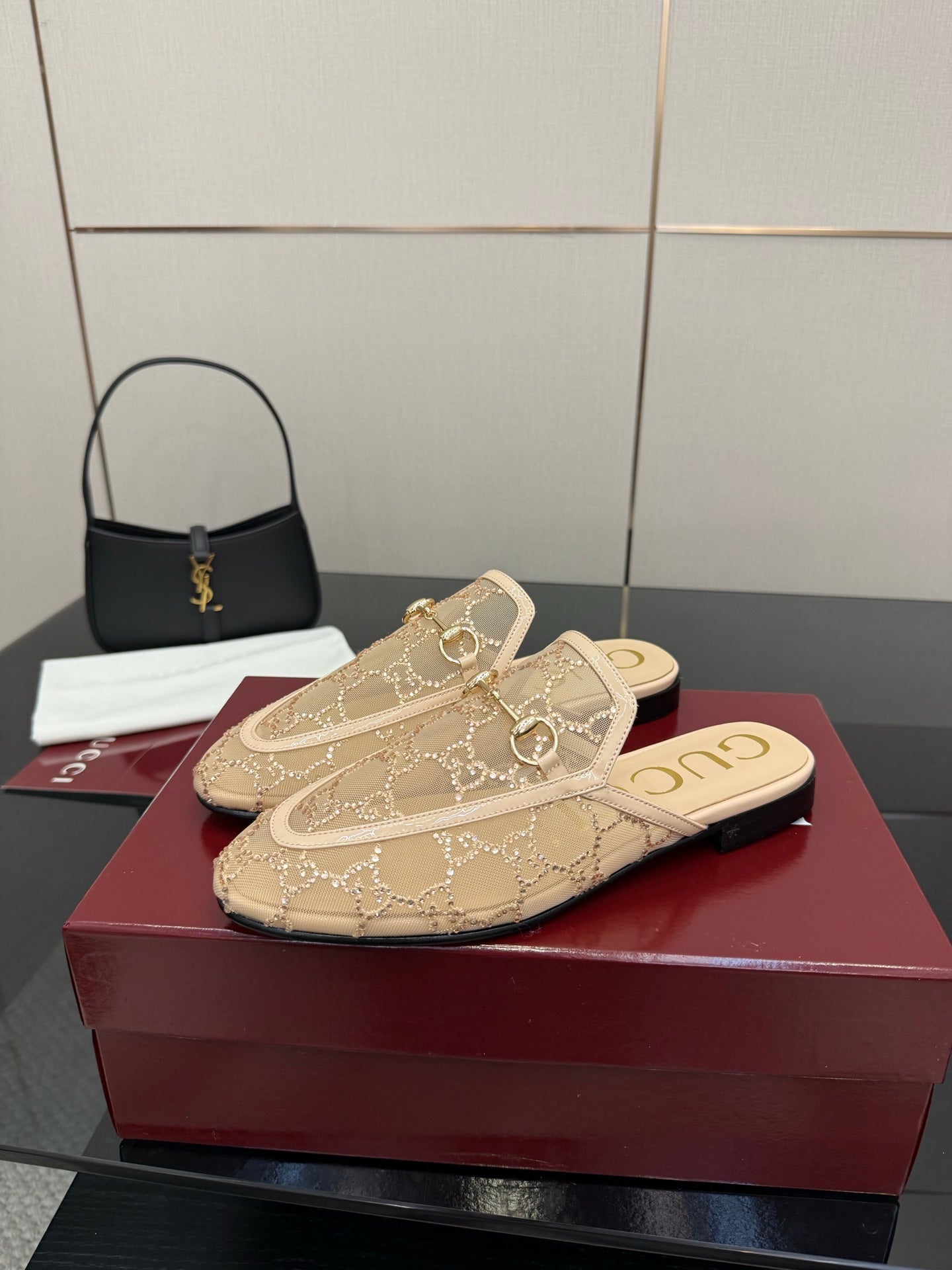 Gucci women's mule loafers, beige GG pattern with gold horsebit, open-back