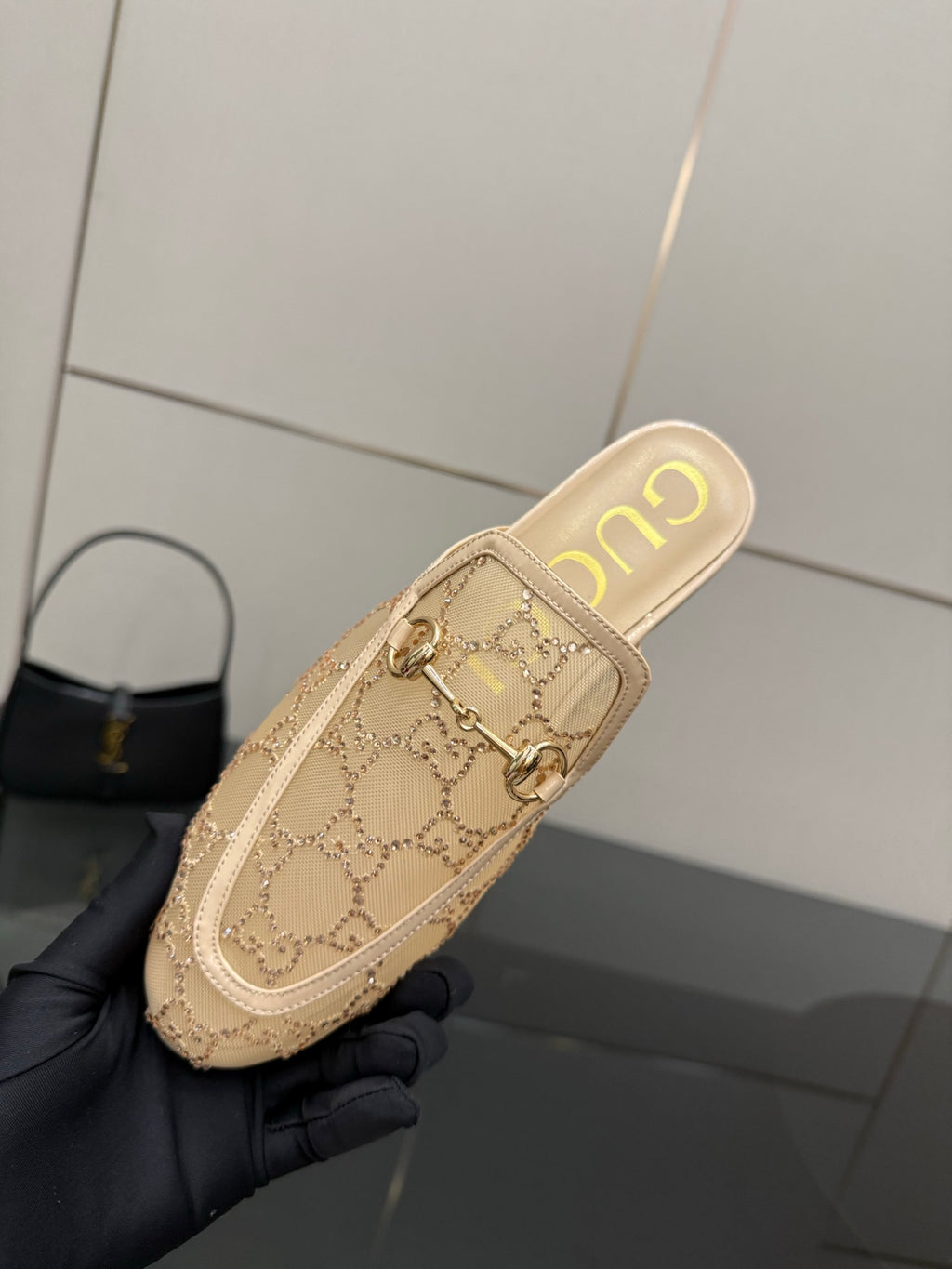 Gucci women's loafers, beige GG pattern upper with gold horsebit and logo