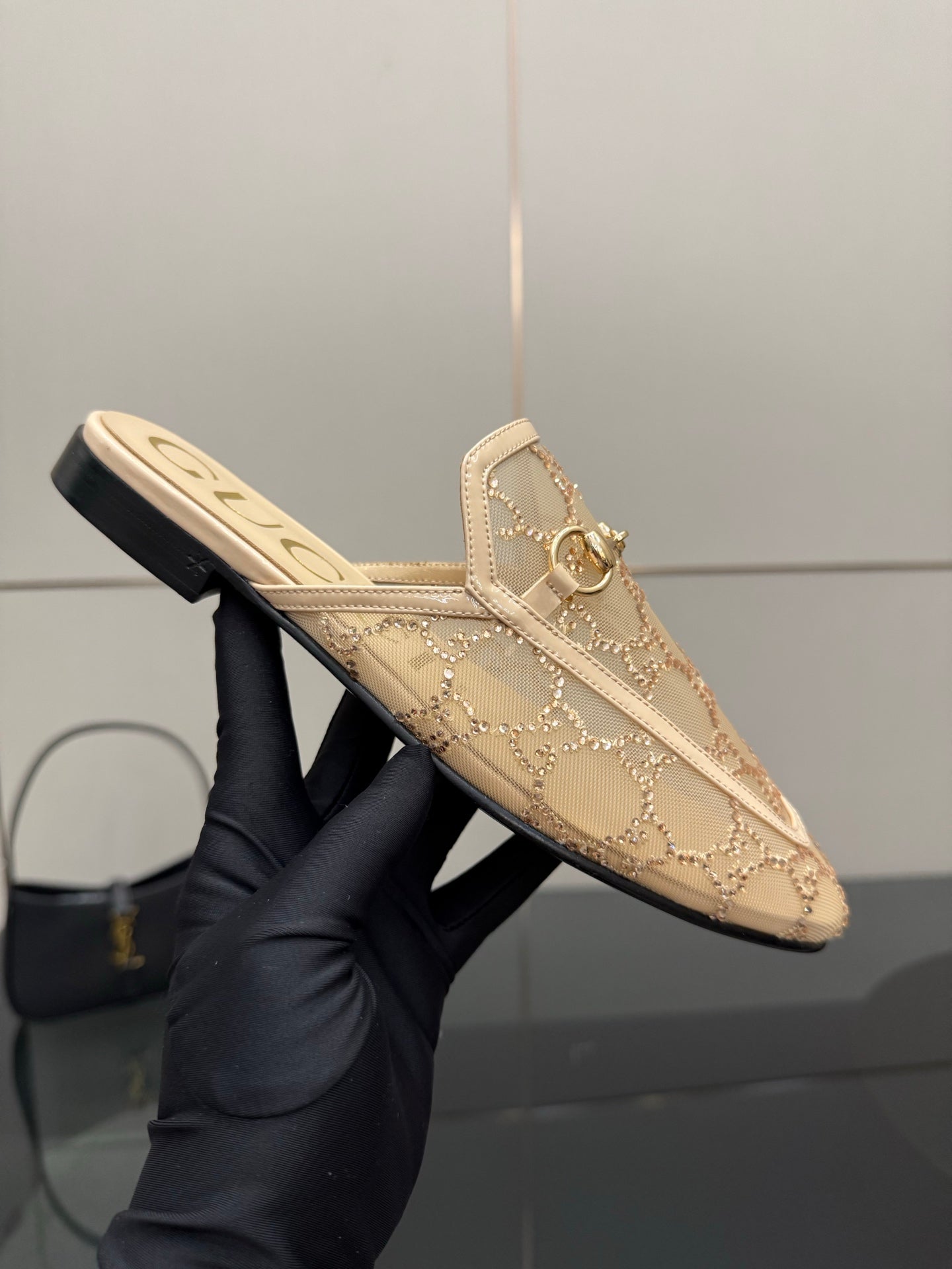 Gucci women's loafers, beige GG-print, gold horsebit detail on side