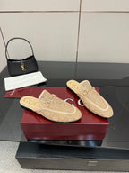 Gucci women's loafers, beige with GG pattern and gold horsebit, side view