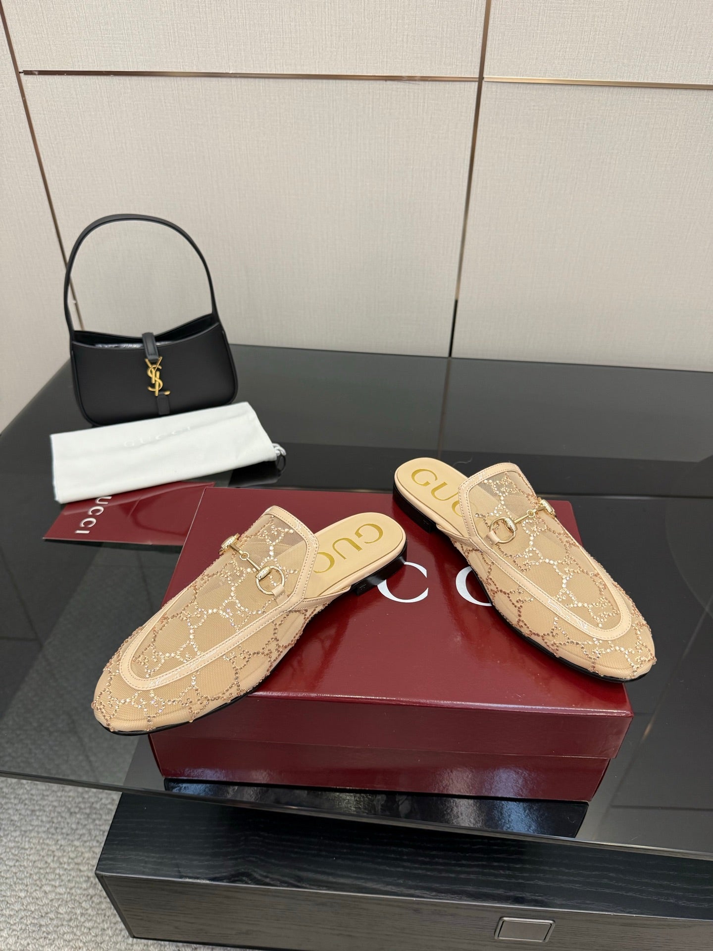 Gucci women's loafers, beige GG-print slip-on style with gold horsebit