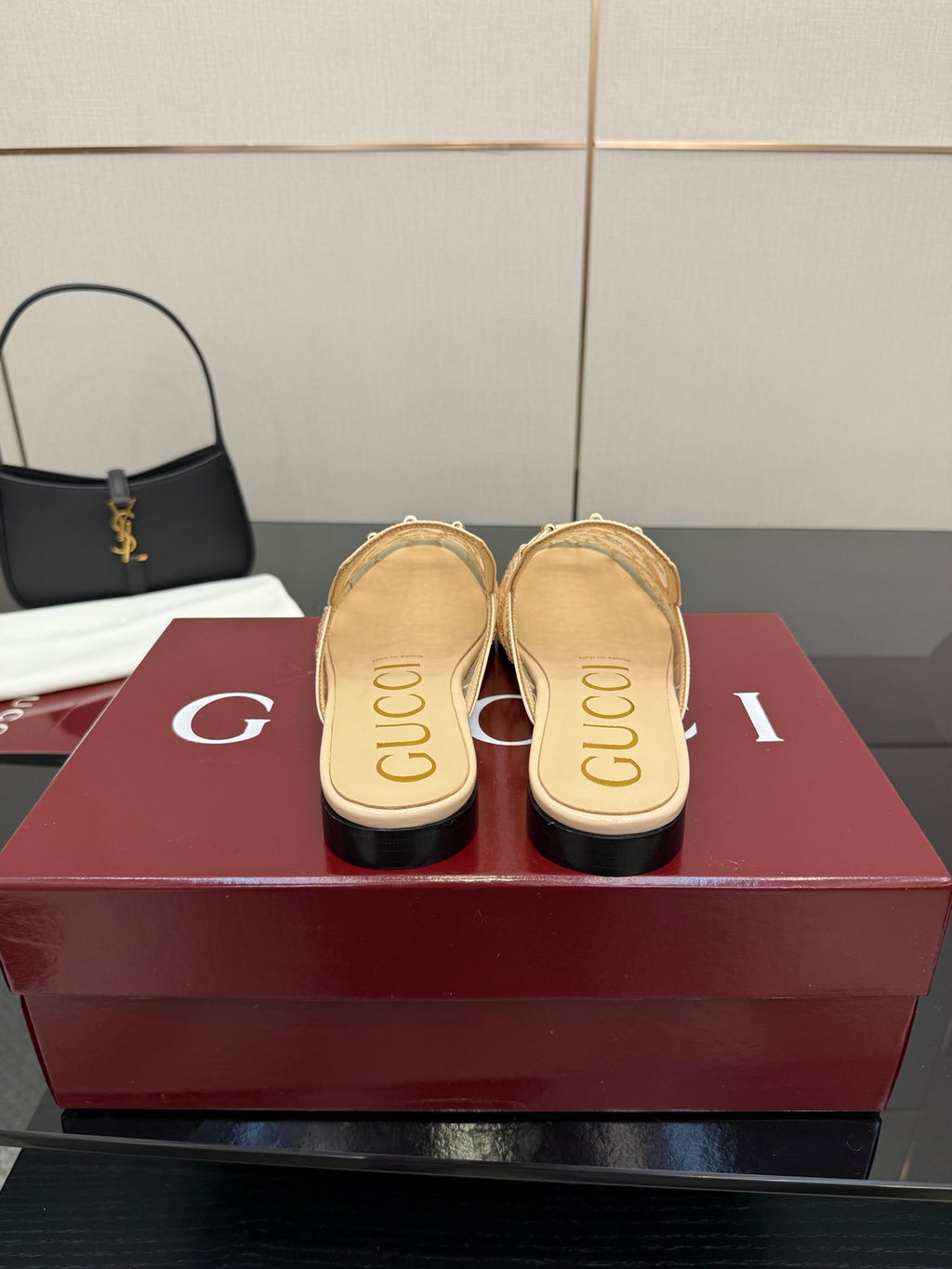 Gucci women's loafers, beige GG-print back view with branded footbeds