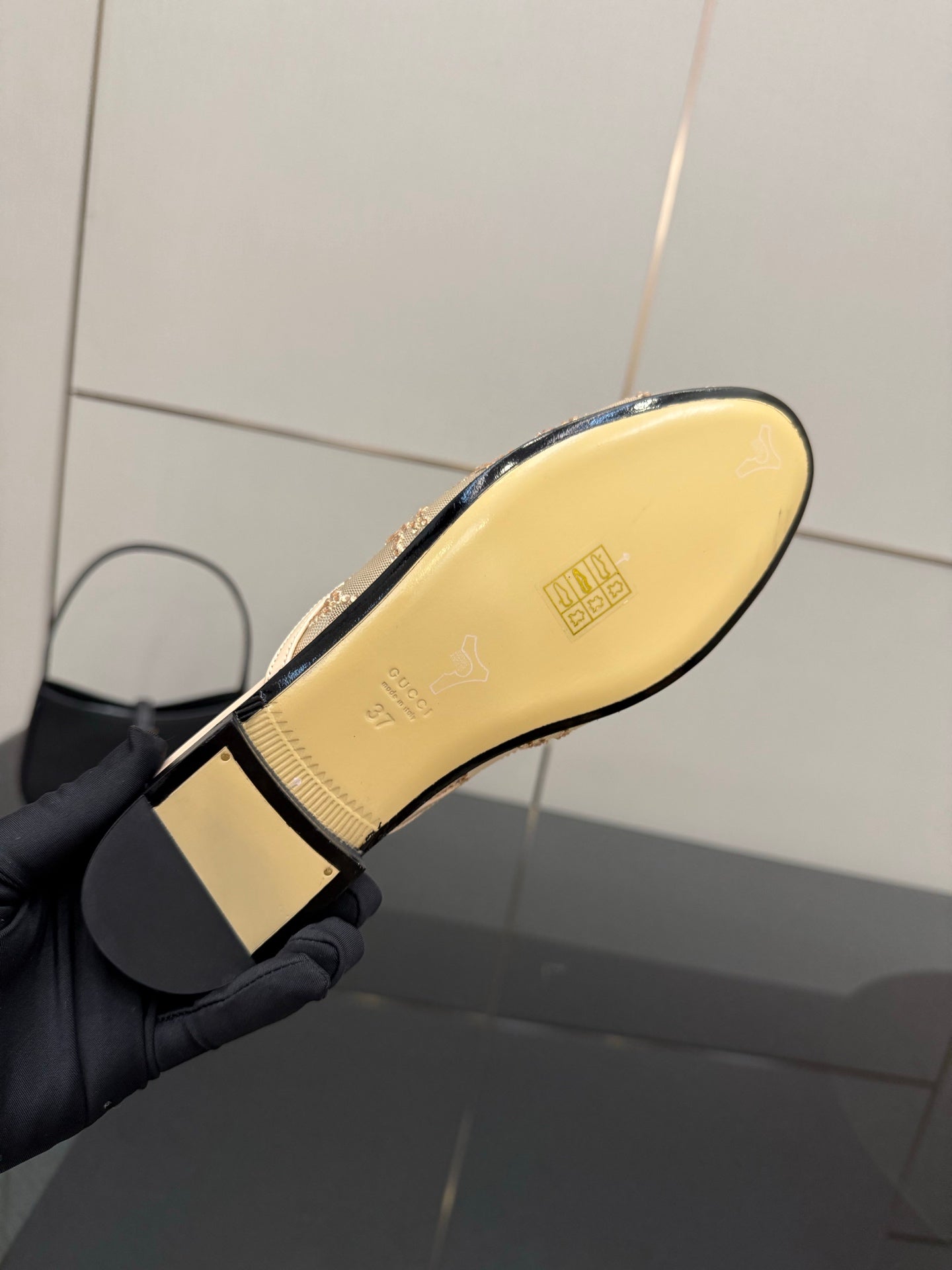 Gucci women's loafers, beige insole side with gold logo and stacked heel