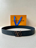 Black textured leather belt with embossed monogram and metal LV buckle