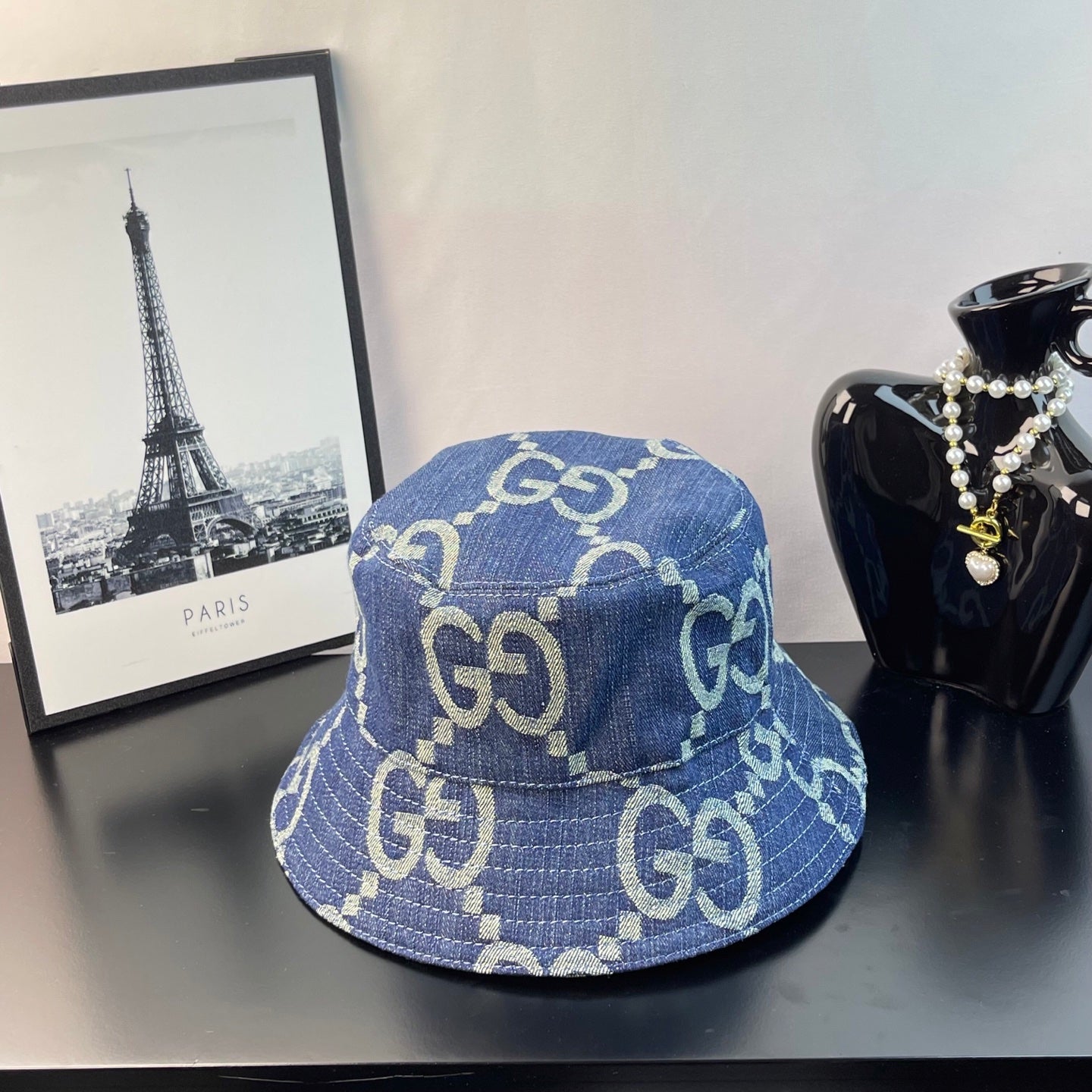 Gucci blue GG-pattern denim bucket cap with short curved brim