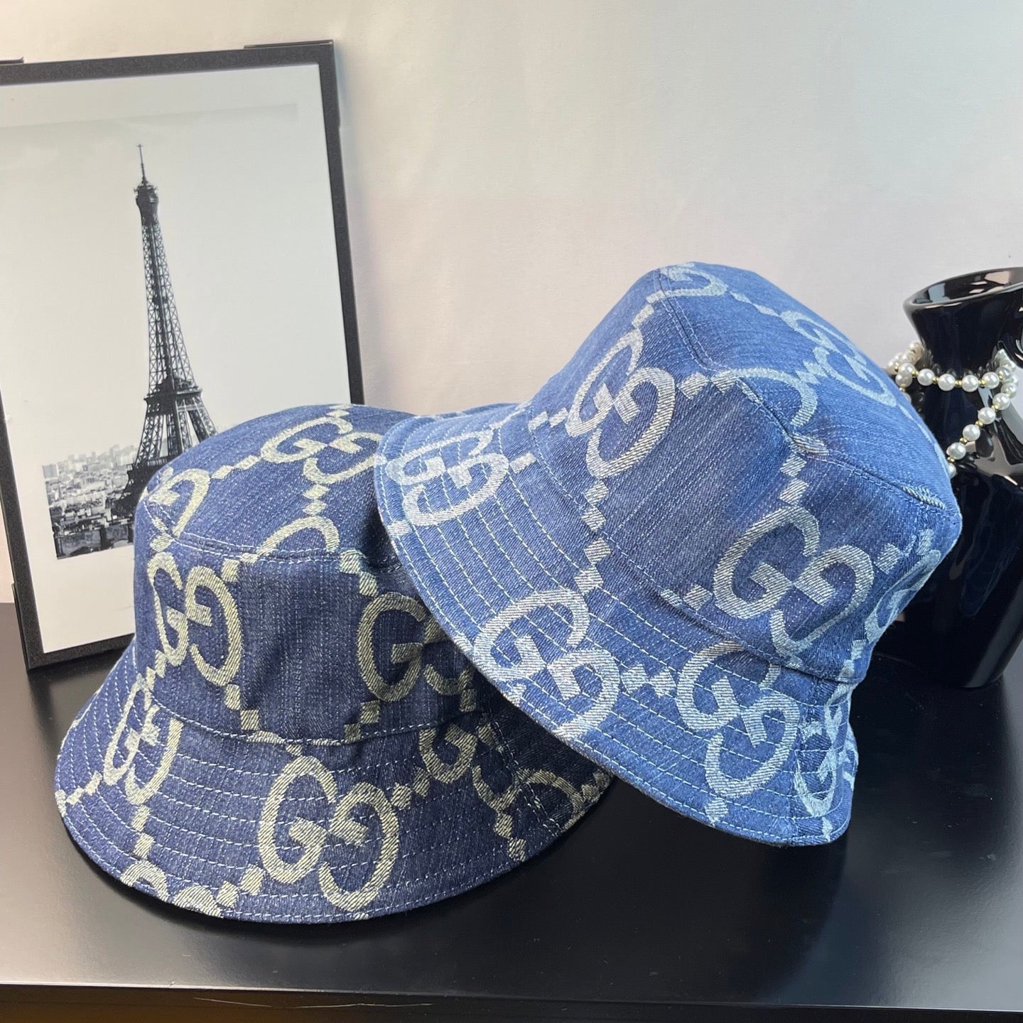 Gucci blue GG-pattern denim bucket cap with folded brim detail