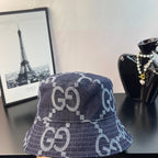 Gucci bucket cap, dark denim, GG monogram pattern on front panel