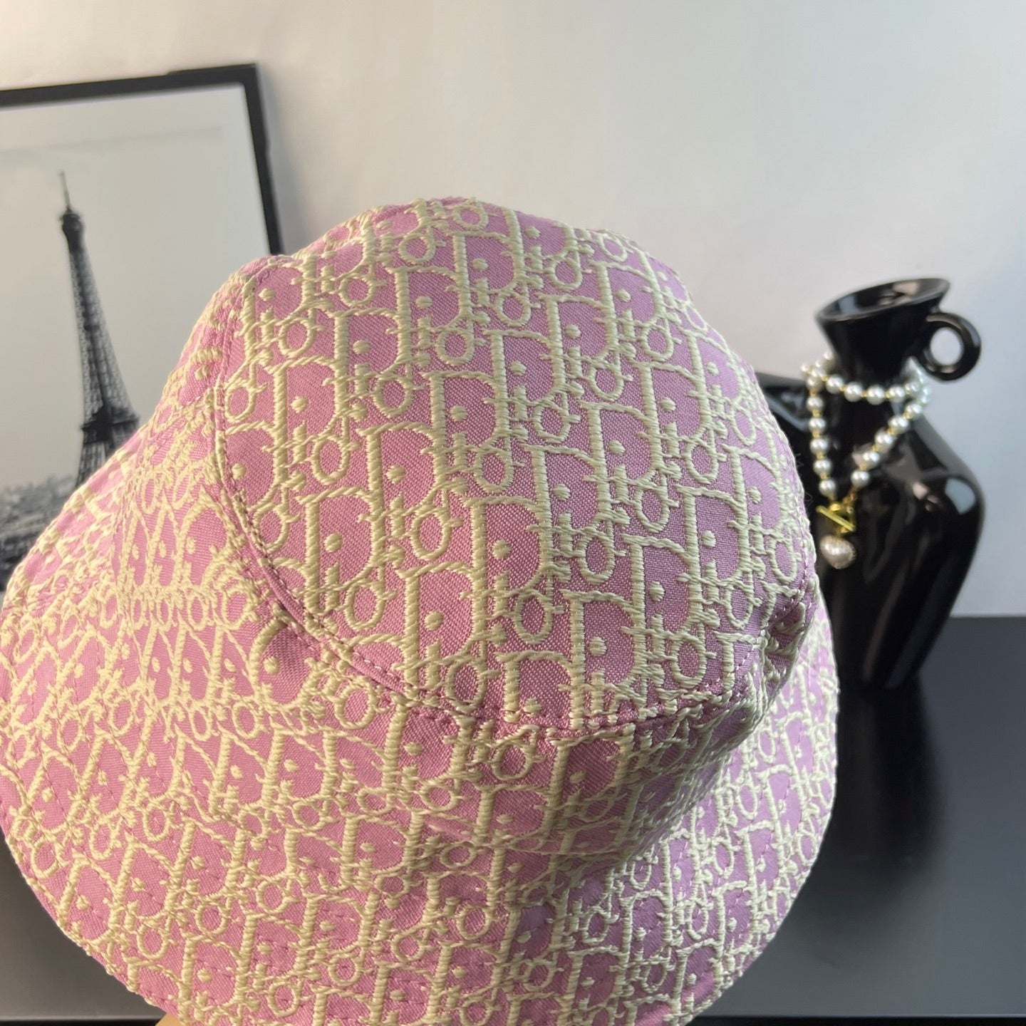 Pink Dior monogram bucket hat, back view with stitched seam and wide brim