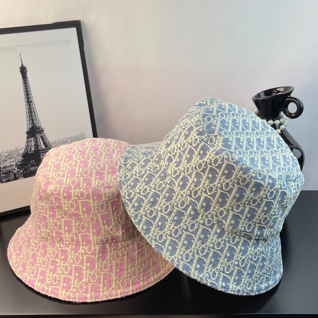Blue Dior monogram bucket hat with wide brim and patterned crown