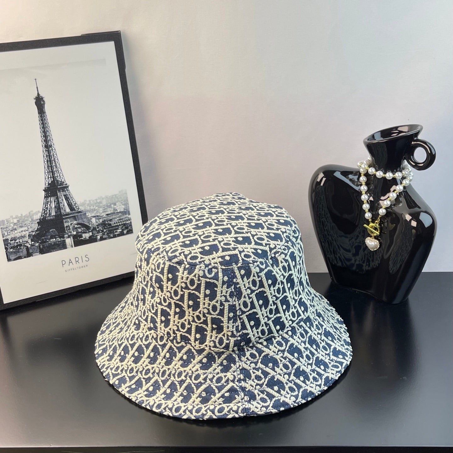 Gucci monogram bucket cap, blue with gold print, rear view