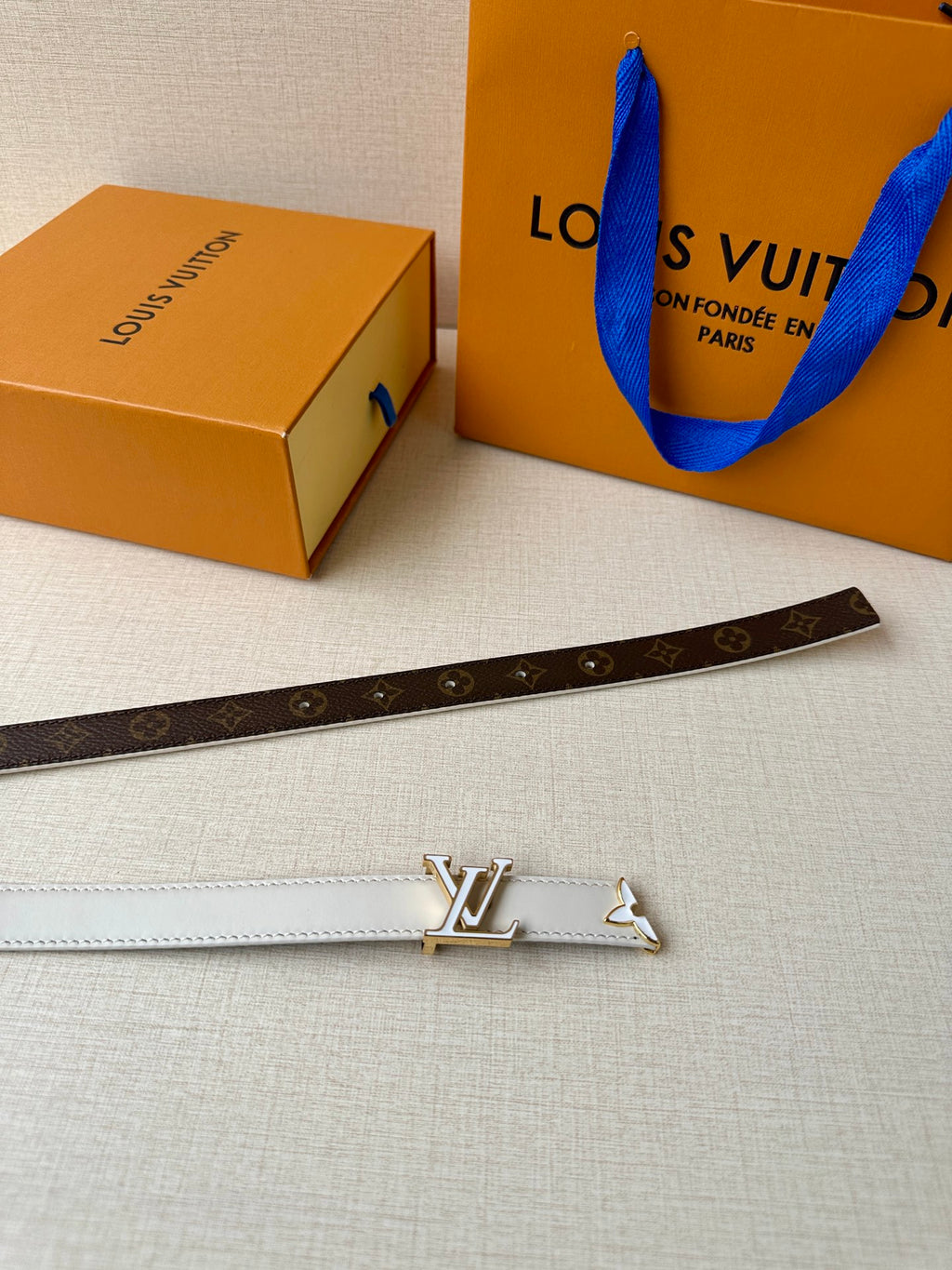 Brown monogram belt with white edge trim and gold-tone LV buckle.