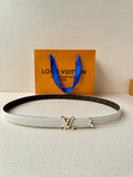 White leather belt with gold-tone LV buckle, lying flat.