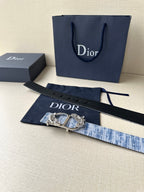 Dior belt with blue woven strap and gold buckle, with Dior logo dust pouch