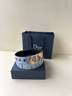 Dior blue fabric belt with gold buckle and button details, with gift box