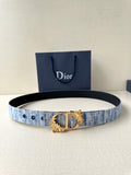 Dior patterned belt with blue fabric weave and gold medallion-style buckle