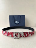 Dior belt with red monogram fabric strap and silver-tone buckle with floral detail