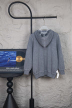 Heather gray zip-up hoodie with hood, kangaroo pocket, and full zipper