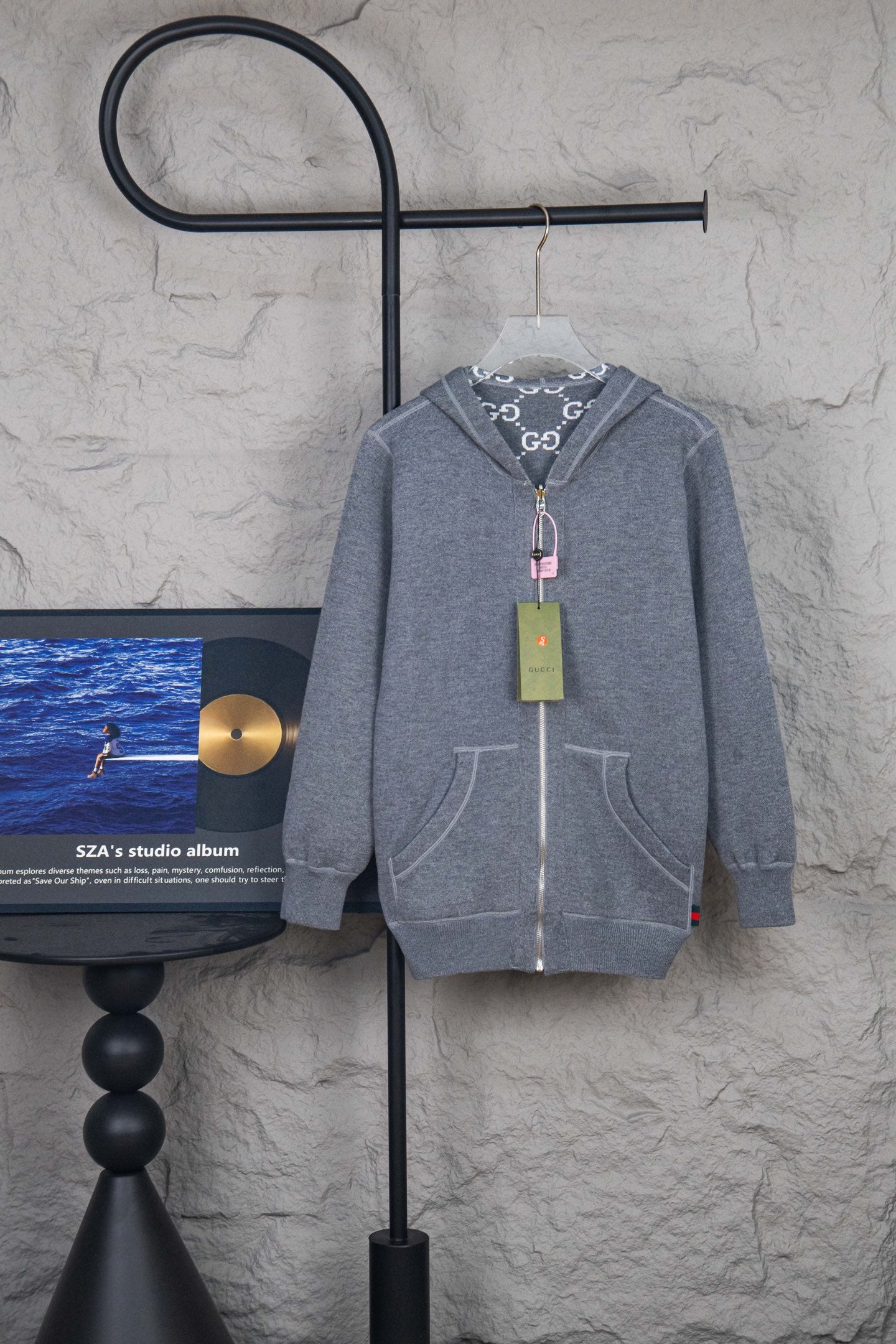 Gucci zip-up hoodie in heather gray with full hood and front pockets