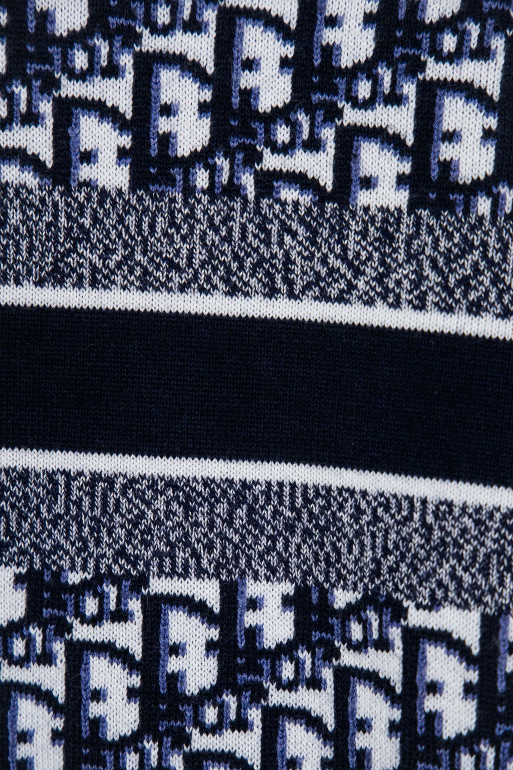 Lower knit section with navy banding and small monogram pattern