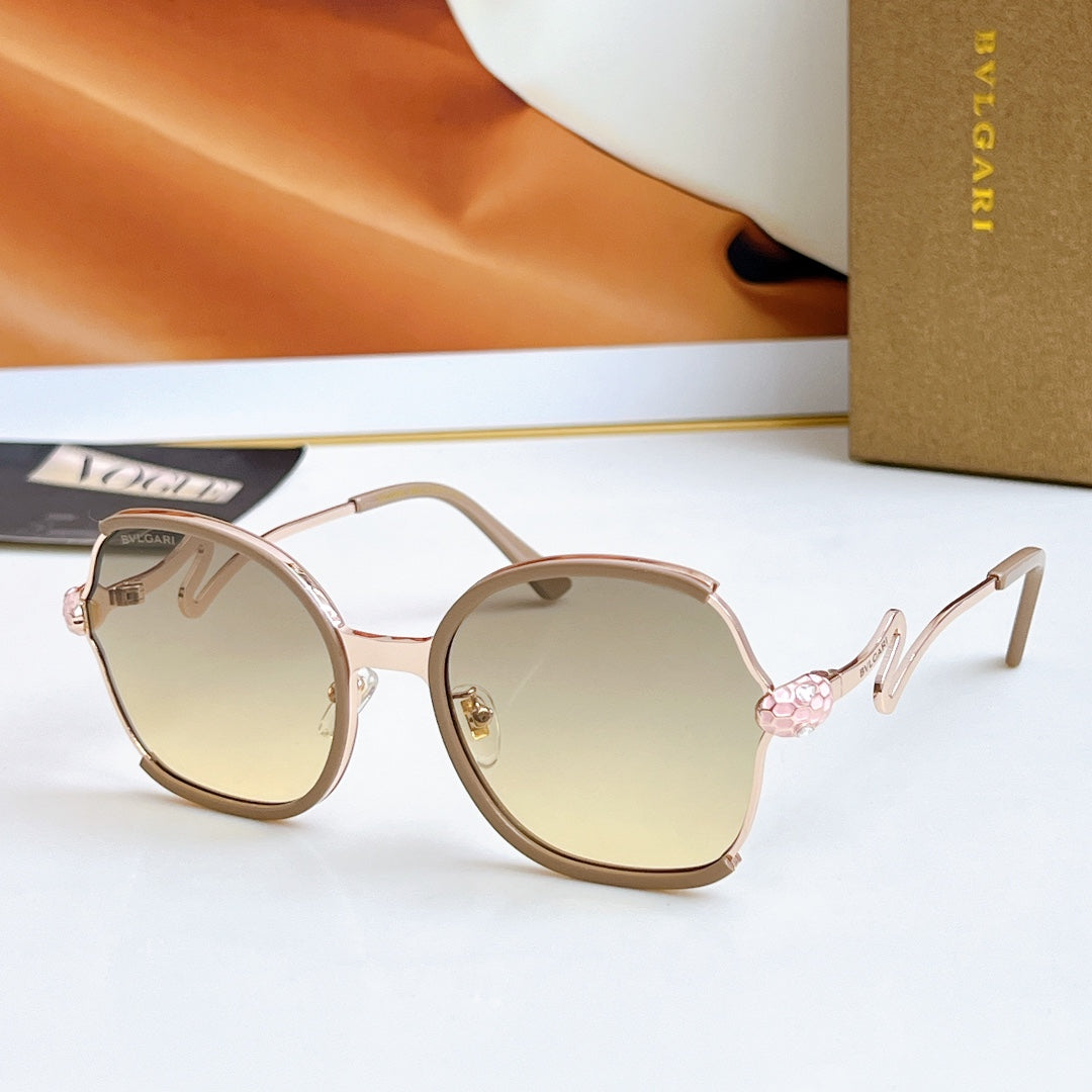Sunglasses with blush frames and gold-tone arms, light beige tinted lenses