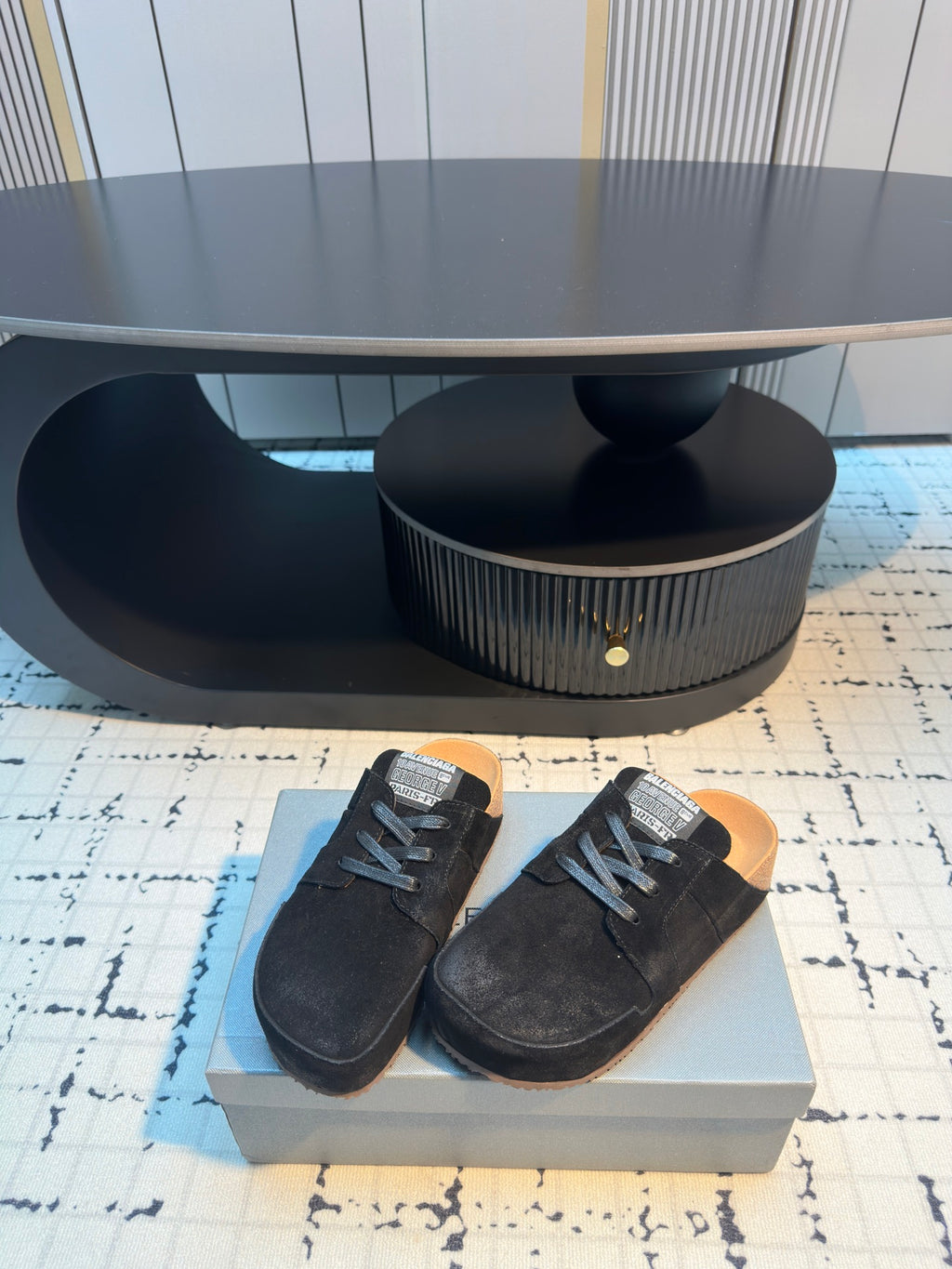 Balenciaga black lace-up slip-on shoes with suede finish and front lace panel.