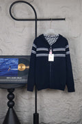 Navy zip-up cardigan with white stripe detail and hooded collar
