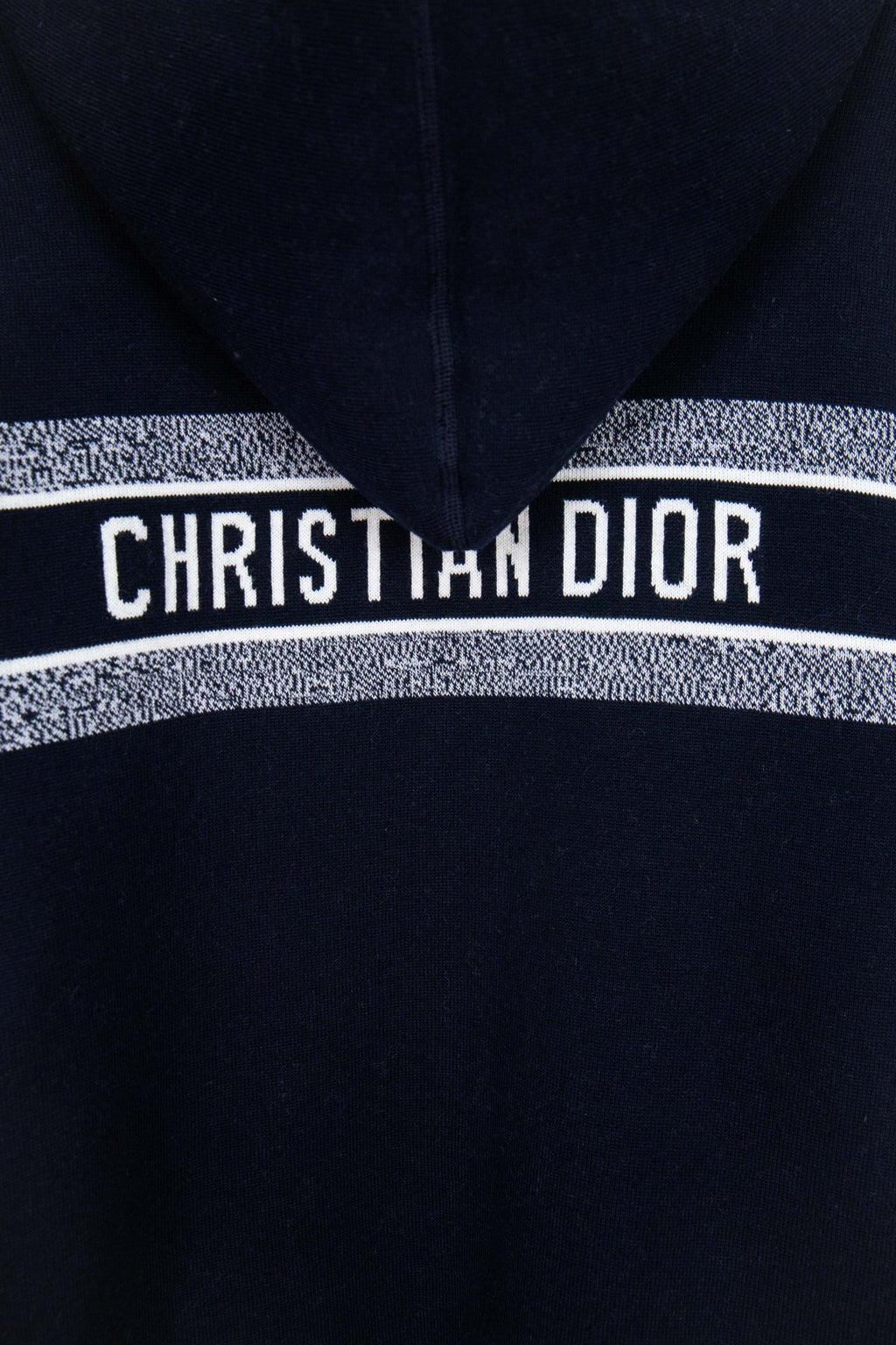 Navy hood stripe with "CHRISTIAN DIOR" text