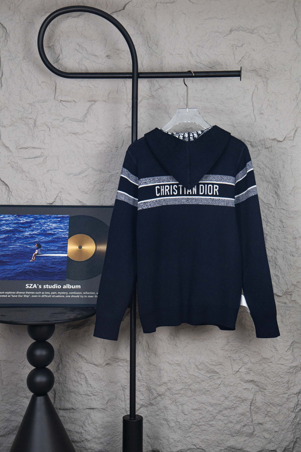 Navy zip-up cardigan with striped band and Christian Dior logo