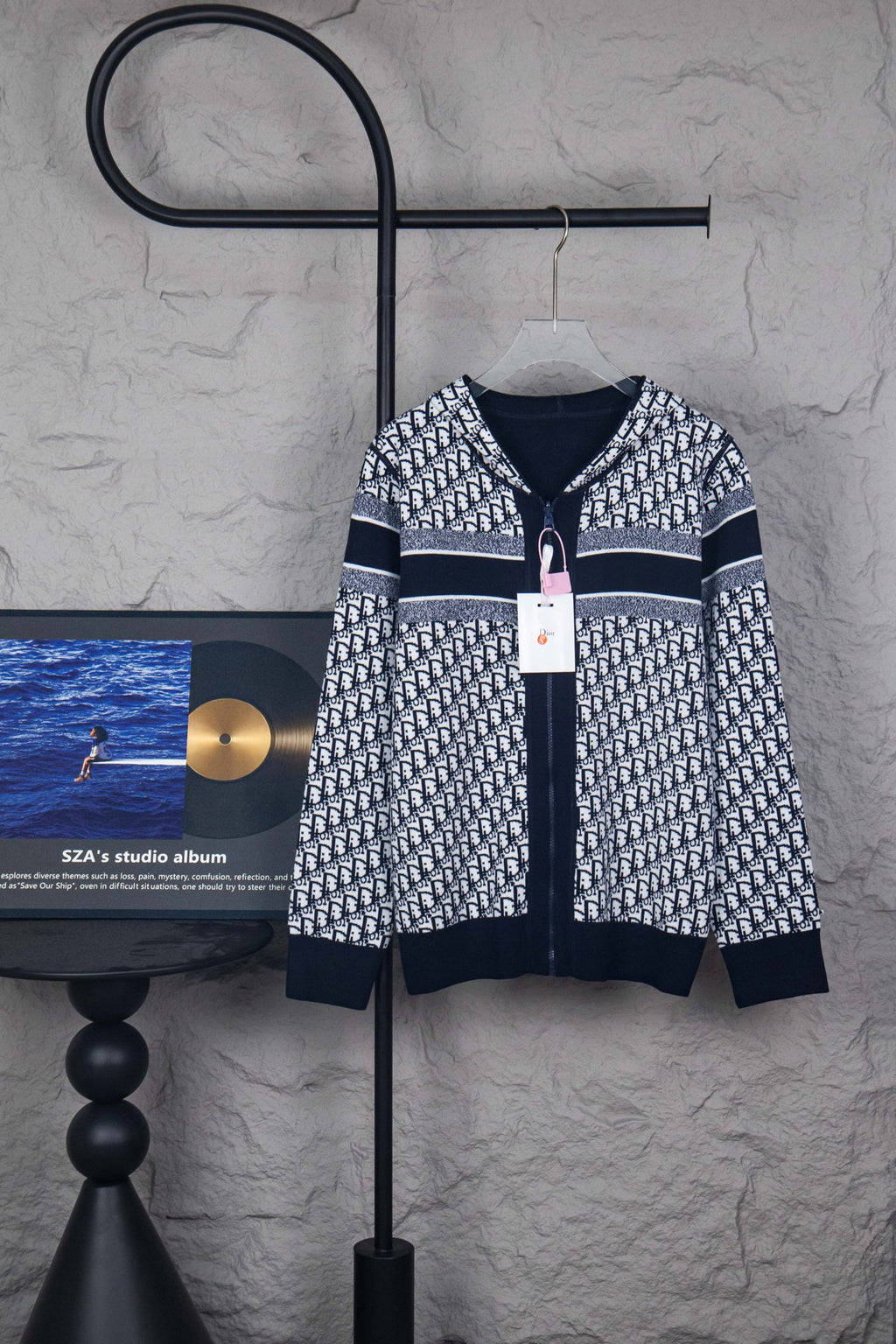 Dior long-sleeve knit jacket with navy and white monogram pattern, full front zip
