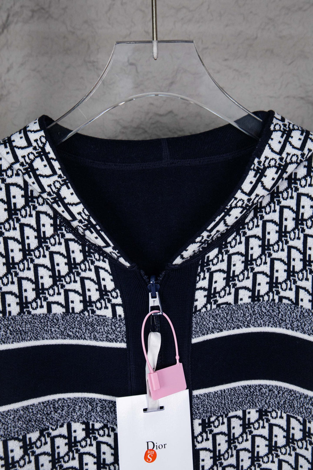 Dior knit jacket neckline with full zipper and monogram trim