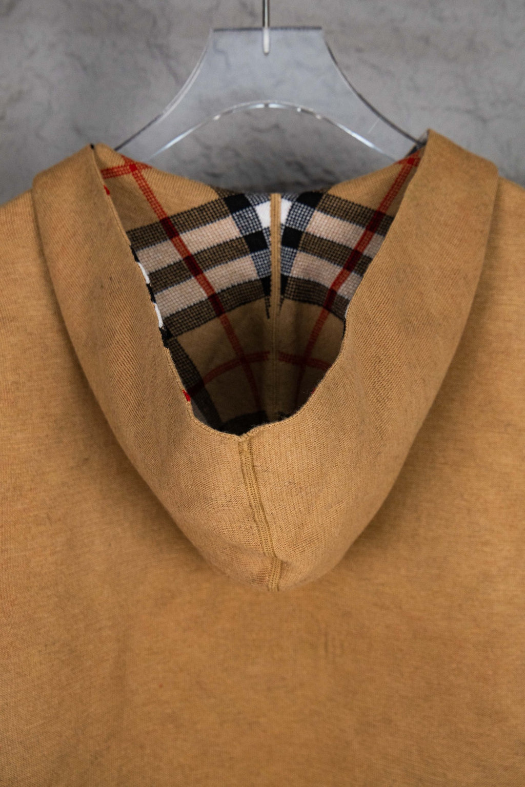 Burberry tan hooded knit jacket front with check inner hood lining and zipper