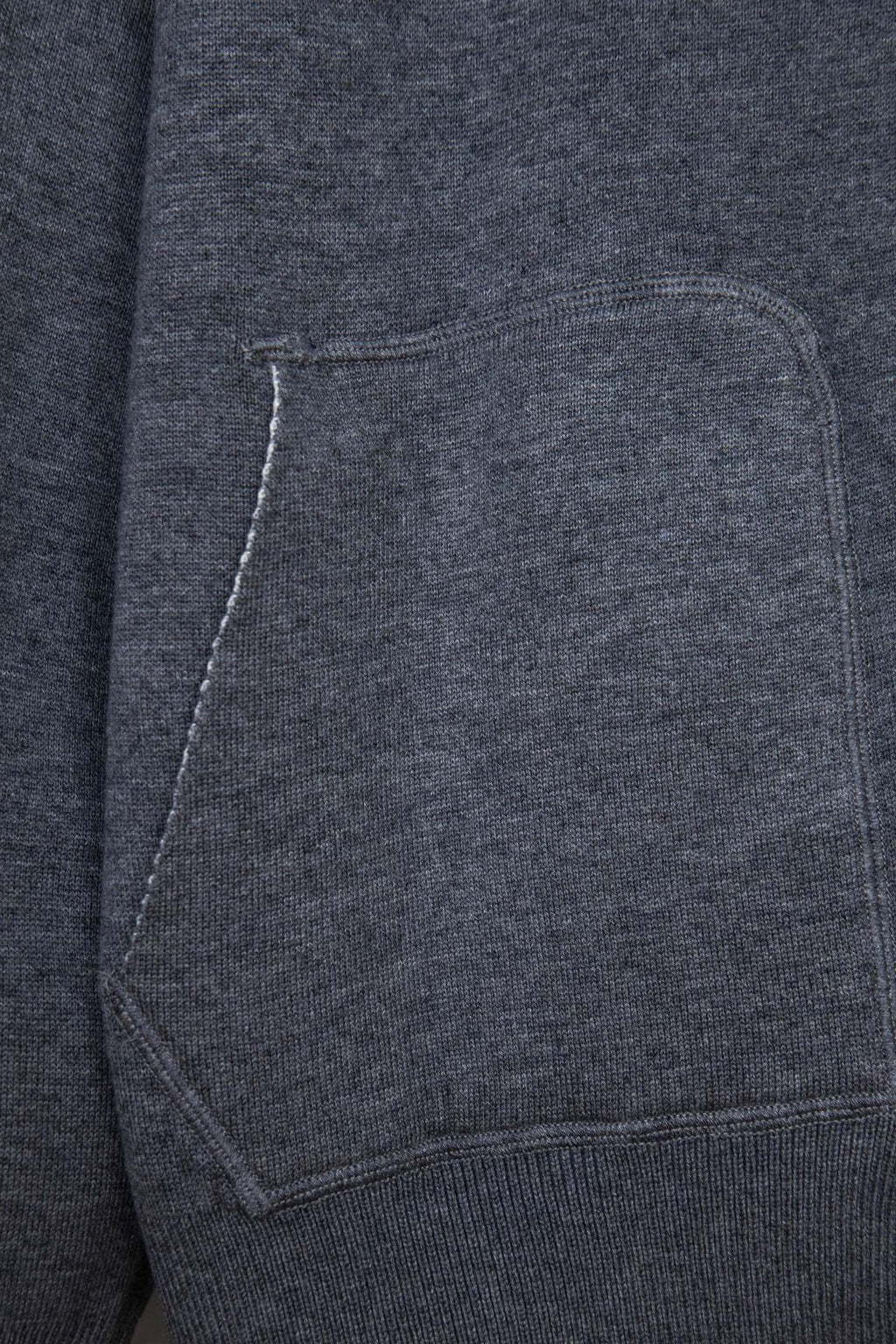 Heather gray zip hoodie with stitched pocket panel and curved seam