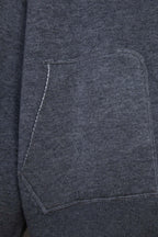 Heather gray zip hoodie with stitched pocket panel and curved seam