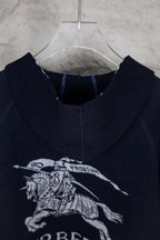 Navy hooded zip-up knit jacket with horse rider graphic and hood interior trim