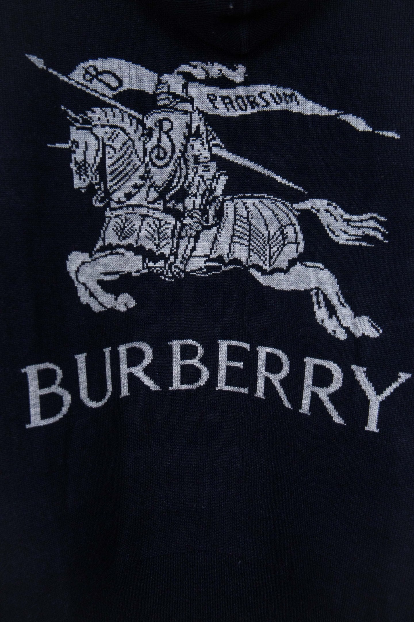 Navy hooded zip-up knit jacket with horse rider and BURBERRY text print