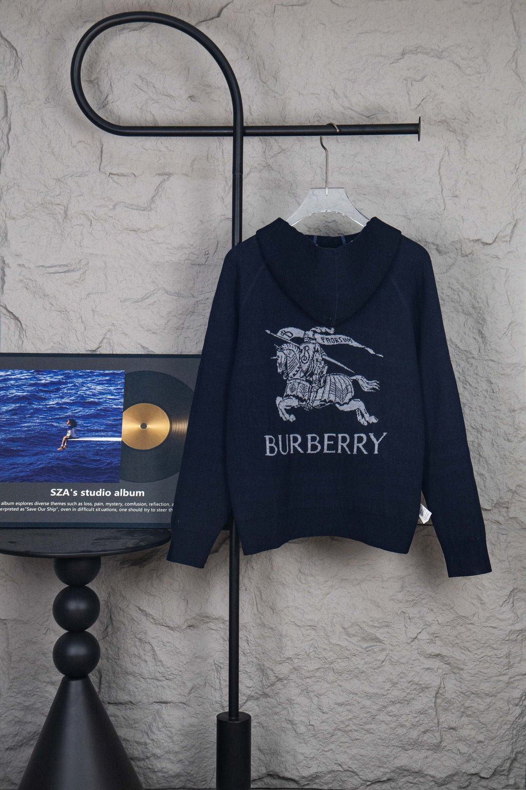 Navy hooded zip-up knit jacket with Burberry graphic on chest