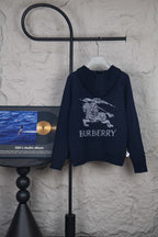 Navy hooded zip-up knit jacket with Burberry graphic on chest