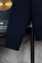 Navy knit sleeve and ribbed hem cuff for zip-up hooded jacket