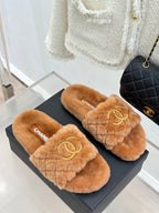 Tan Chanel fuzzy slide slippers, Double C emblem on the crisscross front