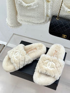 Cream plush bow-front slide sandals with double-C logo, shown on black box