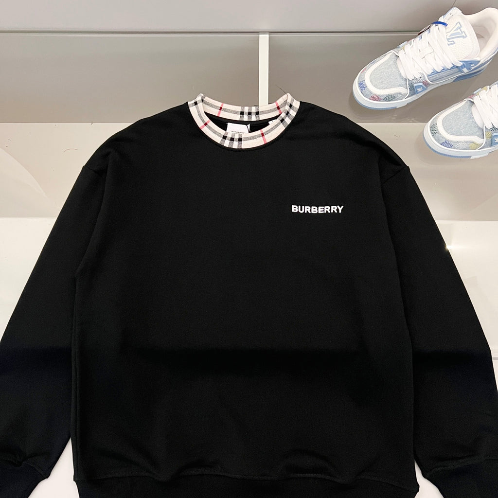 Black crewneck sweatshirt with Nova Check ribbed collar and small Burberry logo on chest