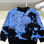 Long-sleeve crew sweatshirt in bright blue with black abstract icon pattern