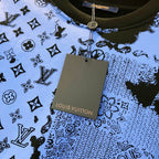 Louis Vuitton tag on blue-and-black sweatshirt neckline with ribbed trim