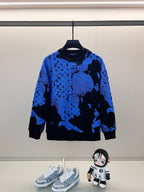 Long-sleeve sweatshirt in bright blue and dark black with all-over icon pattern