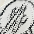 Close-up of black ink-style stripe logo graphic on white sweatshirt