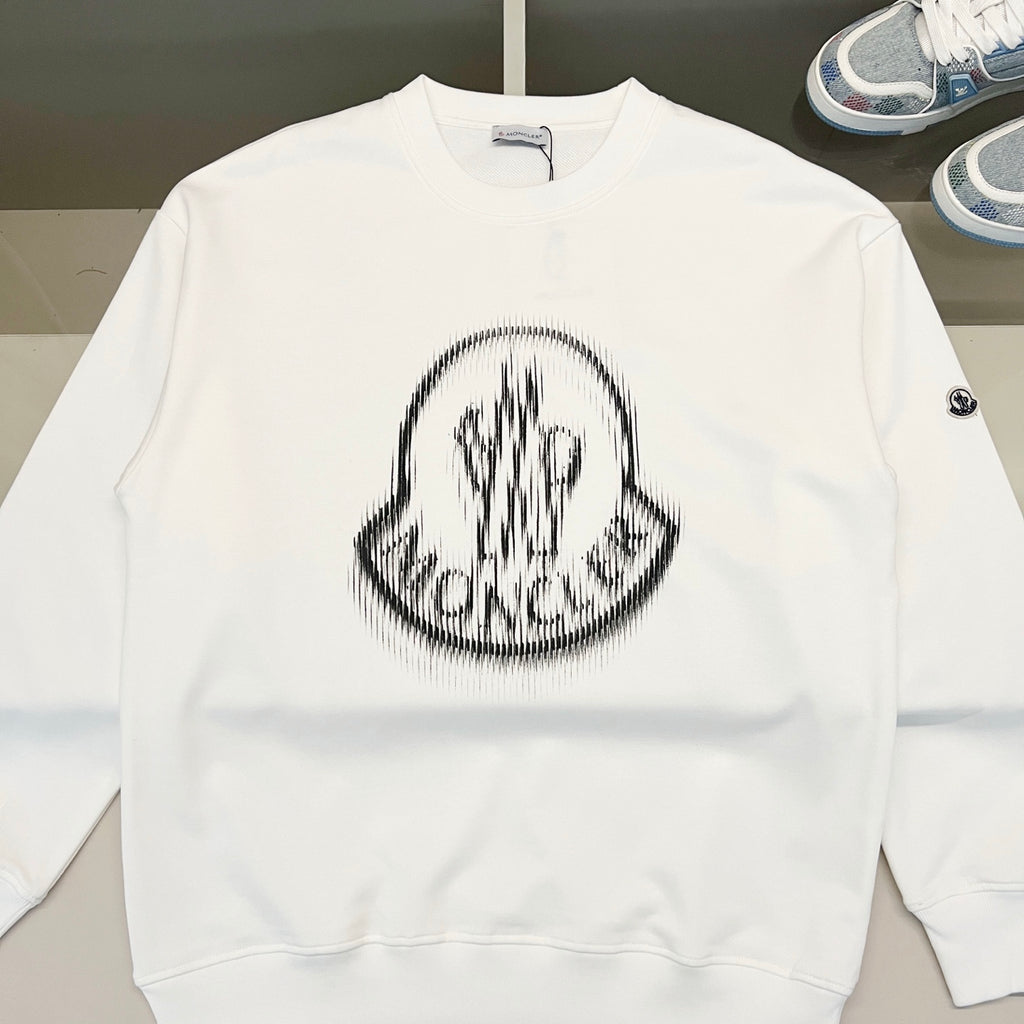 White Moncler sweatshirt front view with large chest logo and crew neck