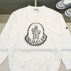 White Moncler sweatshirt front view with large chest logo and crew neck