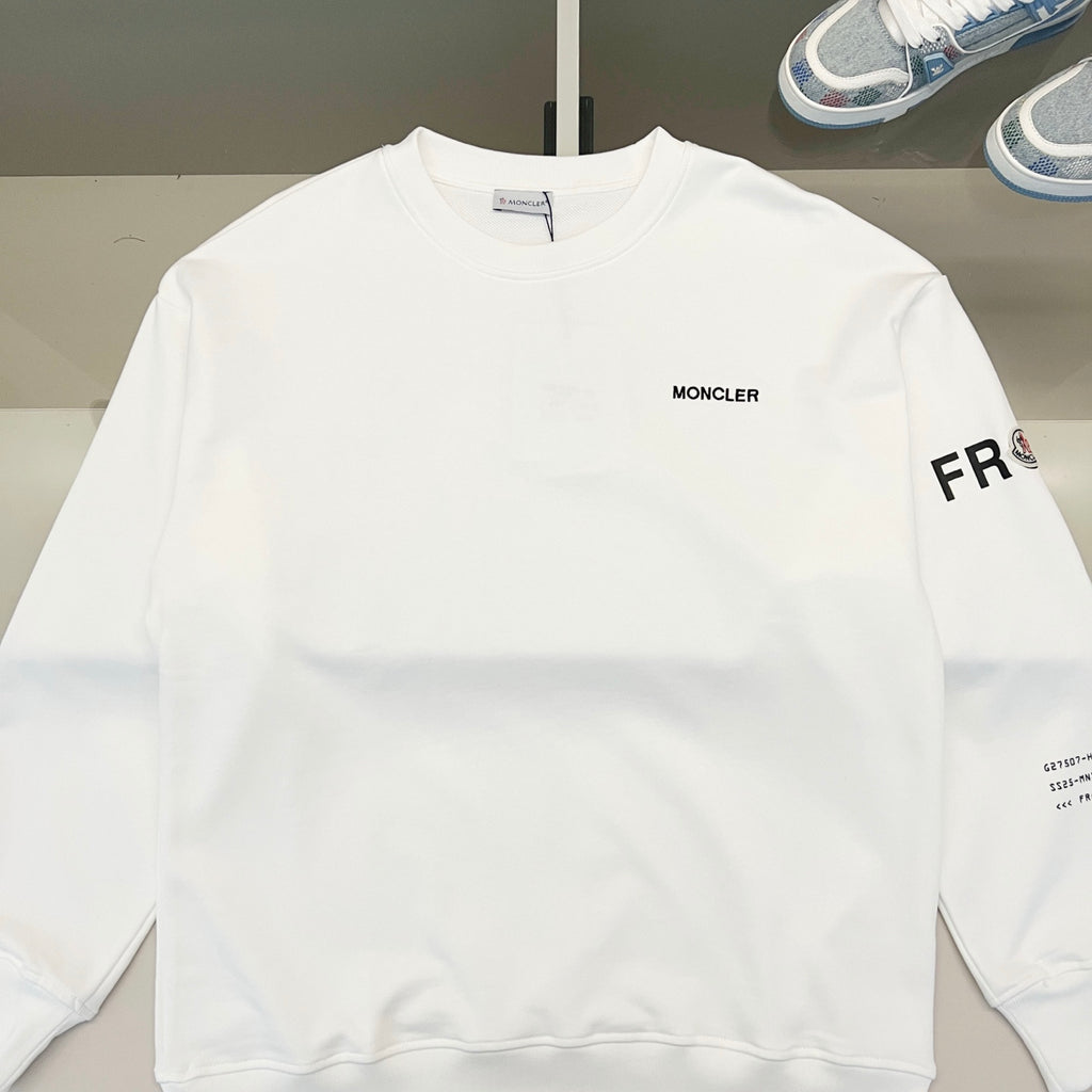 Moncler white long-sleeve sweatshirt with chest logo and FR sleeve print