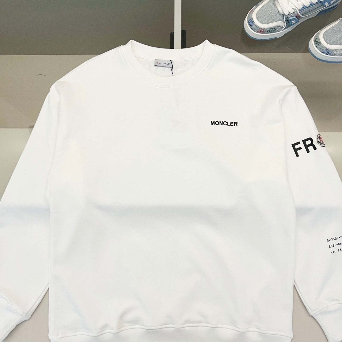 Moncler white long-sleeve sweatshirt with chest logo and FR sleeve print